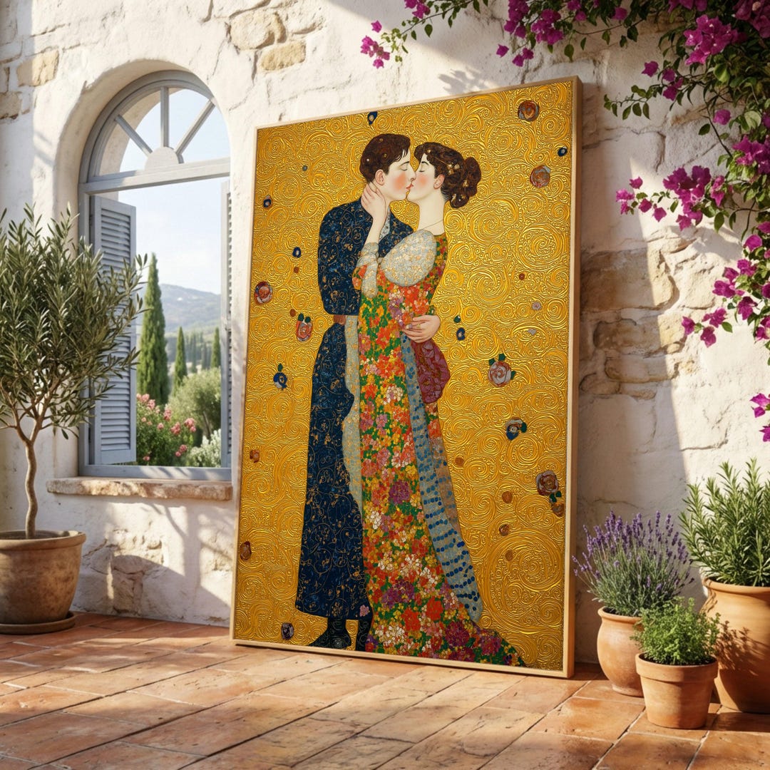 Gustav Klimt the Kiss Canvas, Romantic Embrace Wall Art, Golden ...