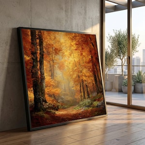 Höstskogsstig, väggkonst med höstträd, canvas med orange lövverk, dekor med skogslandskap, målning med dimmig skogsstig