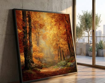 May include: A framed art print depicting a vibrant autumn forest scene. The artwork showcases a path winding through trees with golden and orange foliage. The print is displayed against a concrete wall and wooden floor, with a city view visible through a window.
