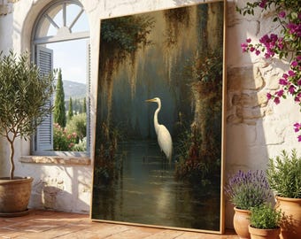 Elegant White Egret Canvas, Spanish Moss Swamp Scene, Nature Wildlife Wall Art, Tranquil Wetlands Painting, Rustic Home Decor Canvas