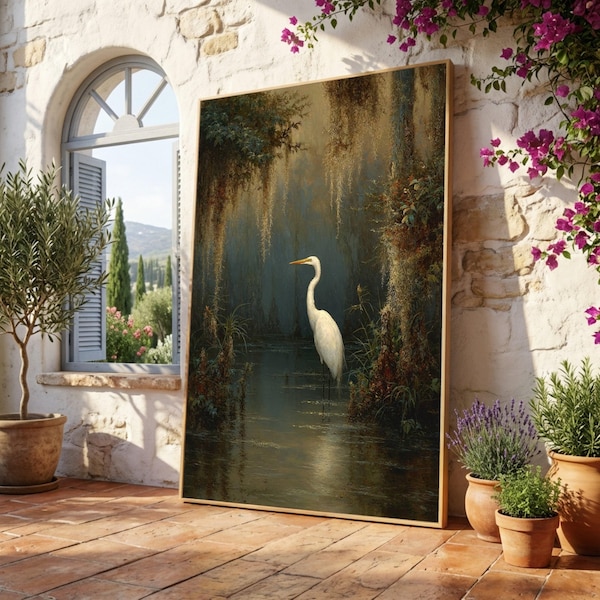 Elegante weiße Reiher-Leinwand, spanische Moosszene, Natur-Wildtier-Wandkunst, ruhige Sumpfgebiete, rustikale Hauptdekor-Leinwand