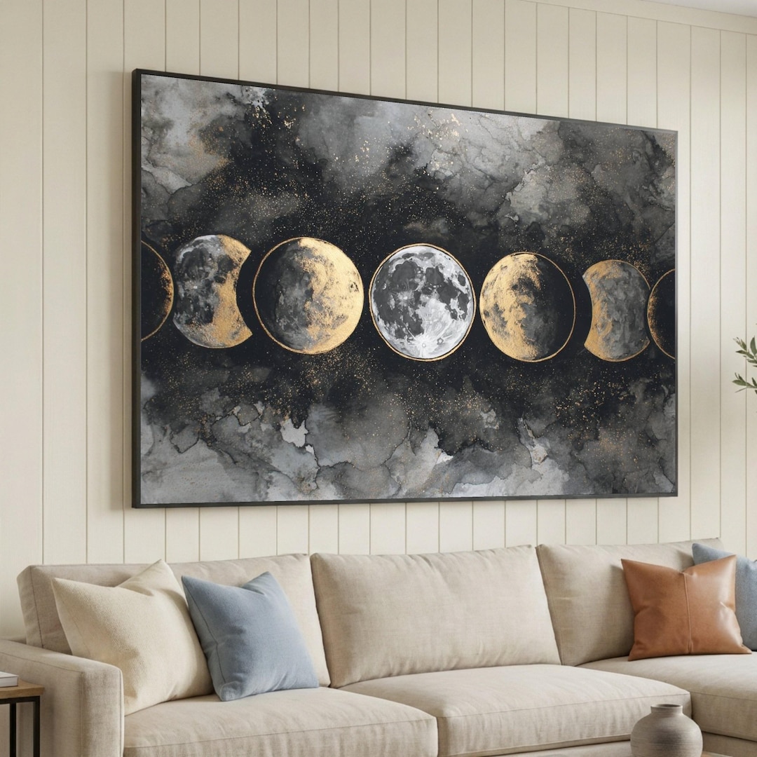 Celestial Moon Phases Canvas Wall Art, Gold and Black Lunar Cycle ...