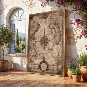 Könnte beinhalten: Ein großer, rechteckiger Vintage-Karten-Druck mit einem Kompassrosen-Design in der Mitte. Die Karte zeigt detaillierte Darstellungen von Kontinenten und Küstenlinien in Braun- und Beigetönen. Der Druck ist in einem hellbraunen Holzrahmen gerahmt.
