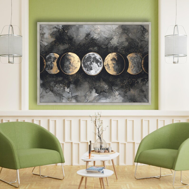 Celestial Moon Phases Canvas Wall Art, Gold and Black Lunar Cycle ...