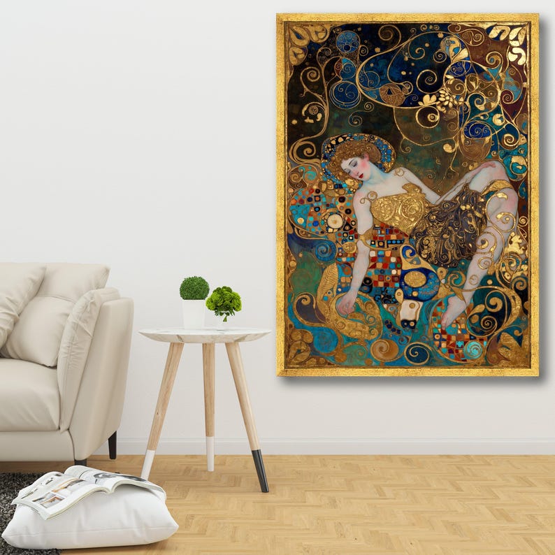 Gustav Klimt Sleeping Woman Canvas Wall Art, Gold Leaf Abstract Floral ...