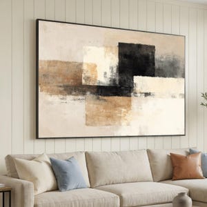 Arte de parede em tela com retângulos abstratos neutros, pintura geométrica moderna, arte em bege, preto e branco, decoração contemporânea para casa.