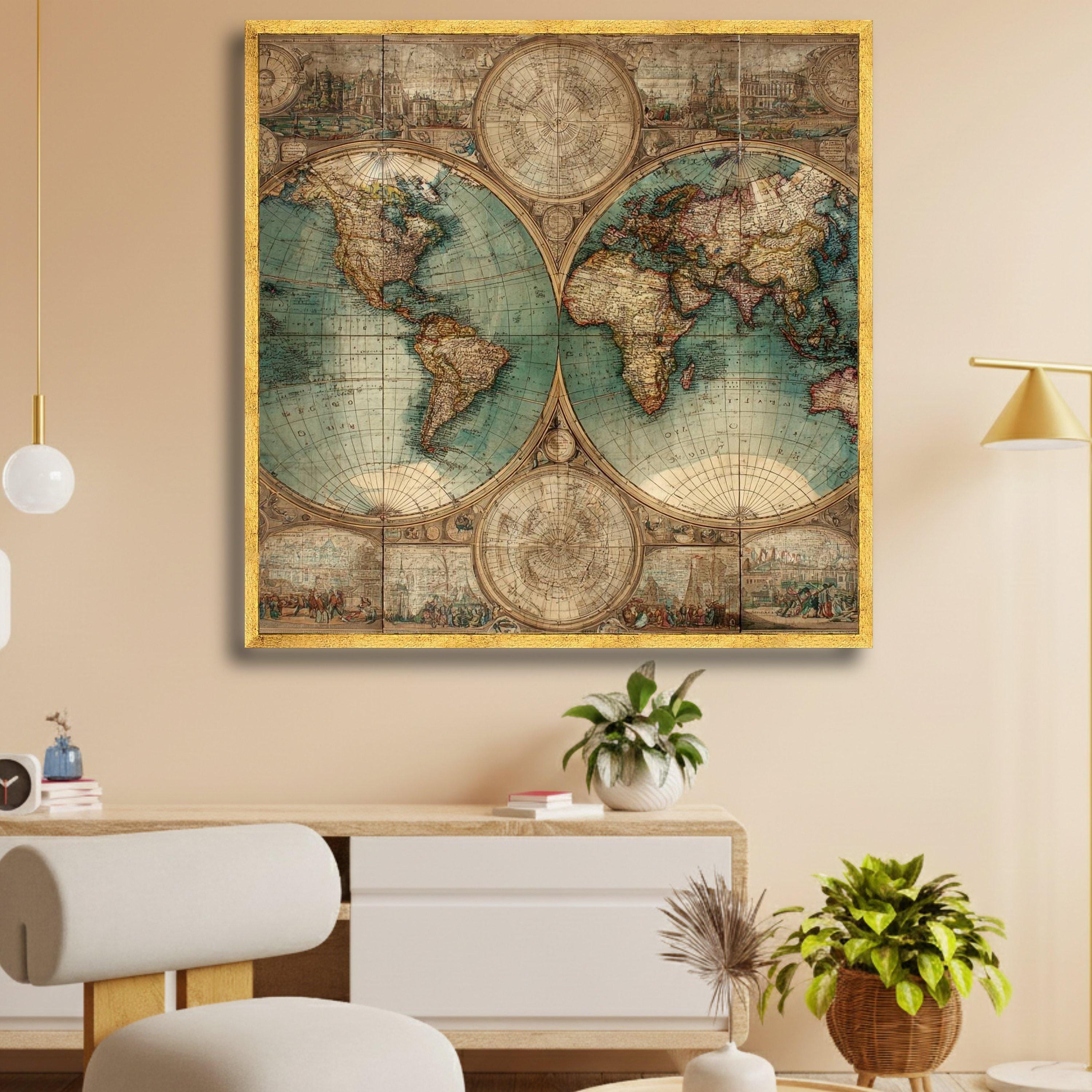 Vintage World Map Canvas Wall Art, Antique Globe Print, Historical Map