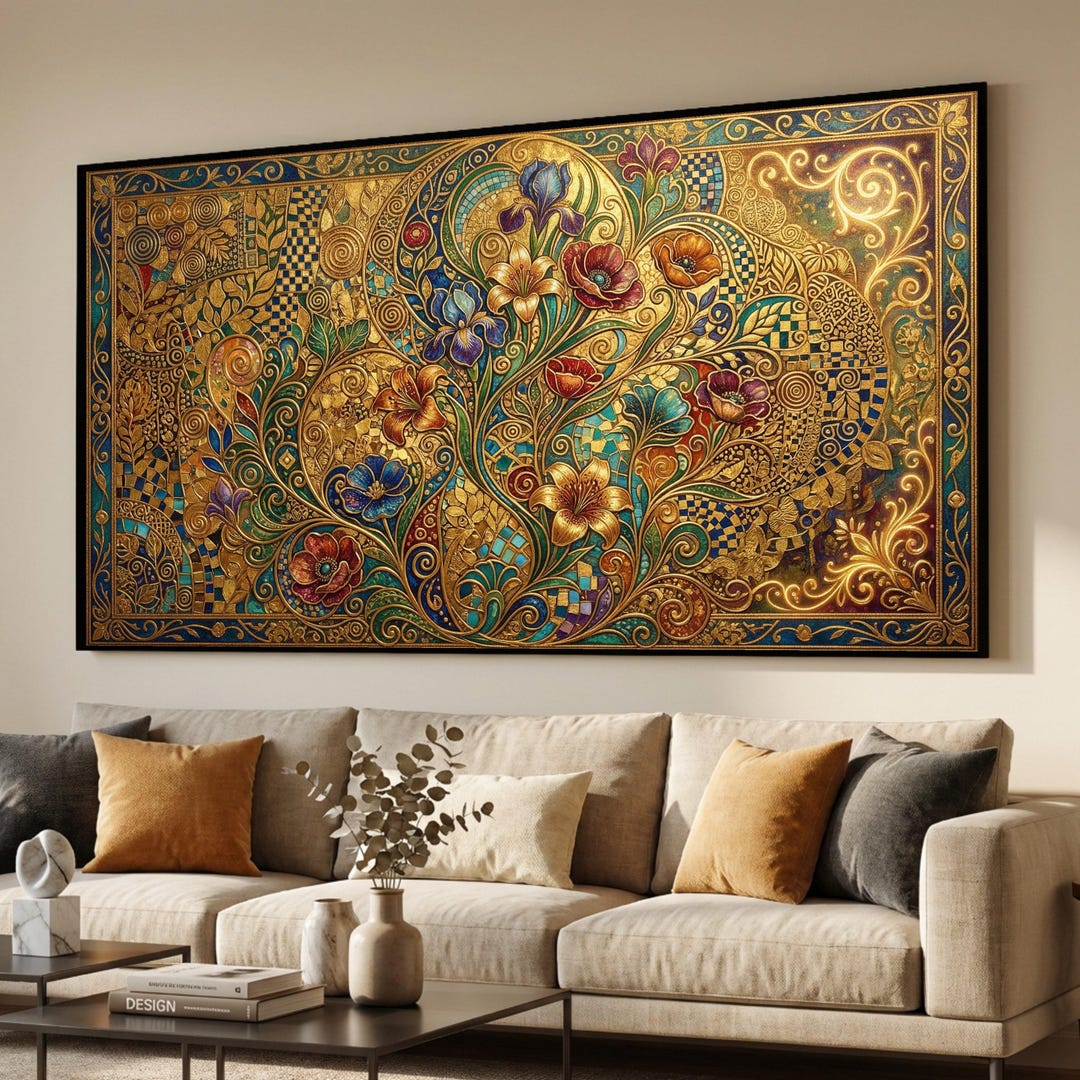 Gustav Klimt Floral Mosaic Canvas, Gold Leaf Wall Art, Ornate Botanical ...