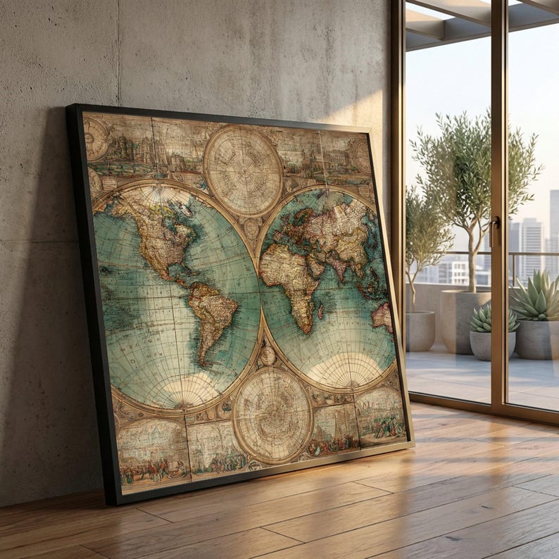 Vintage World Map Canvas Wall Art, Antique Globe Print, Historical Map ...