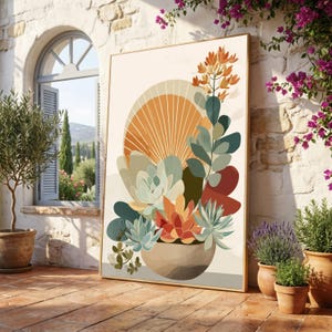 Modern Succulent Arrangement Canvas, Abstract Boho Floral Wall Art, Earth Tone Home Decor, Plant Pot Illustration, Ready to Hang Canvas