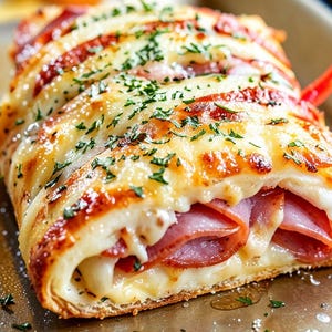 Puede incluir: Un stromboli horneado con capas de jamón, queso fundido y una corteza dorada. Adornado con hierbas frescas y un pimiento rojo, el plato se presenta en una bandeja de horno.