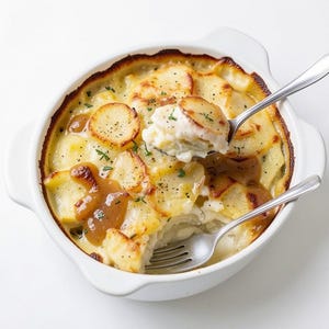 May include: A white, oval baking dish filled with scalloped potatoes. The potatoes are layered with a creamy sauce and topped with a golden-brown crust. A spoon and fork are in the dish, with a spoonful of potatoes being lifted.
