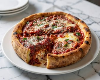 Receta de pizza estilo Chicago de masa gruesa: salchicha italiana, corteza mantecosa.