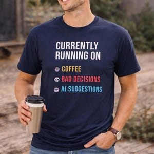 Coffee Bad Decisions AI Suggestions Shirt, Funny Tech Tee, Coffee Lover Gift, Software Engineer Humor, AI Humor T-Shirt, Coder Gift