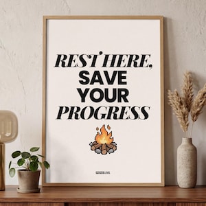 Poster "Riposa qui e salva i tuoi progressi" / Arte murale per videogiochi / Stampa minimalista per giocatori / Poster per falò / Decorazione per videogiochi / Regalo per giocatori