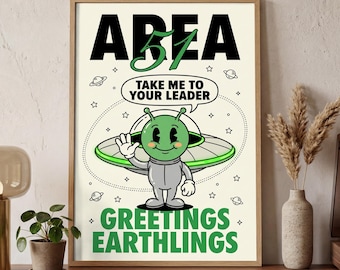 UFO Poster | Rubber Hose Alien Art Print | Retro Sci-Fi Wall Decor | Digital Download | Printable Art