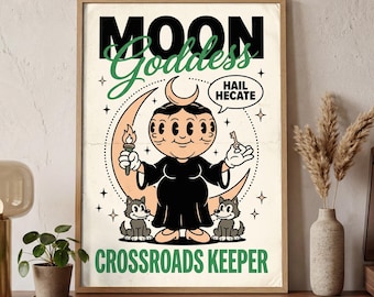Hecate Moon Goddess Poster | Witchy Occult Art Print | Rubber Hose Style | Digital Download | Printable Art