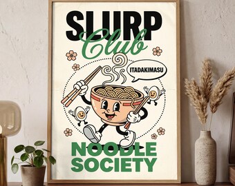 Ramen Noodle Poster | Rubber Hose Cartoon Art | Kitchen Wall Decor Retro Foodie Gift | Digital Download | Printable Art