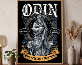 Odin Poster Romanticy Art Mythological Wall Print | Norse Viking Gods Decor | Fantasy Room Accent | Scandinavian Folk Art Lover Gift | MONO
