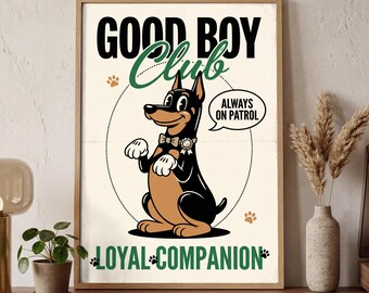 Doberman Art Print | Retro Cartoon Dog Poster | Vintage Pet Wall Decor | Digital Download | Printable Art