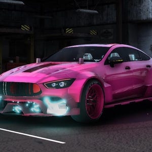 May include: A bright pink sports car with custom features, including a black stripe on the bonnet and blue undercarriage lights. The car has matching pink wheels and is parked in front of a garage.