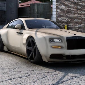 Könnte beinhalten: Ein cremefarbenes Luxus-Coupé mit schwarzen Rädern steht auf einer Betonoberfläche. Das Auto hat ein schlankes Design mit einem schwarzen Frontgrill und einem flachen Frontspoiler. Das Auto parkt in der Nähe einer Backsteinmauer.