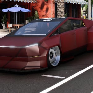 May include: A maroon-coloured, futuristic-looking car with a low profile and angular design. The vehicle has a sleek, aerodynamic shape with a tinted windscreen and white rims. The car is parked on a paved road with white lane markings.