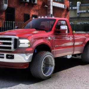 Puede incluir: Una camioneta Ford roja con una parrilla y parachoques cromados. La camioneta tiene neumáticos grandes y una suspensión elevada. El fondo incluye un edificio y una calle.