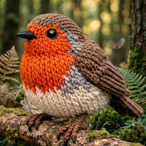 May include: A handcrafted knitted robin, featuring a bright orange chest, brown wings, and a grey back, sitting on a moss-covered branch. The bird has a black beak and large, glossy black eyes, set against a blurred woodland backdrop.