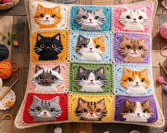 Patrón de crochet de gato 3D: Cojín de gato con cuadrados de abuelita, diseño de cojín de animal (descarga digital en PDF)