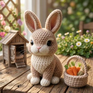 Peut inclure: Un lapin crocheté aux grands yeux noirs, au nez rose et aux longues oreilles est assis sur une surface en bois. Le lapin est brun clair et blanc. Une petite maison en bois et un panier avec des carottes sont également présents.