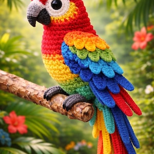 Può includere: Un pappagallo all'uncinetto fatto a mano e vibrante con testa rossa, corpo giallo e ali e coda arcobaleno. L'uccello è appollaiato su un ramo marrone su uno sfondo verde sfocato con fiori, che mostra un tema tropicale. Le zampe nere del pappagallo afferrano il ramo.