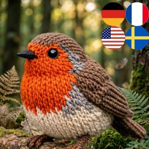 Op de afbeelding: Een gebreide roodborst met een bruine kop, rug en vleugels, een feloranje borst en een beige buik. De vogel heeft een zwarte snavel en grote, donkere ogen. Hij zit op een mosachtige tak in een bosrijke omgeving.