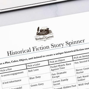 May include: A white paper sheet titled Historical Fiction Story Spinner with a logo of a typewriter and the text The Writers' Garret. The document features a table with columns for Plot, Color, Object, and Animal to generate story ideas.