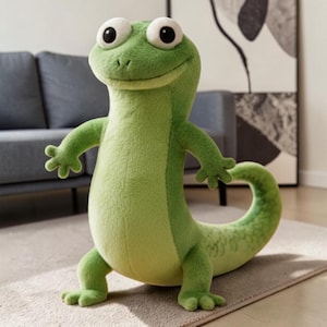 May include: A plush green lizard toy with large, round eyes and a friendly smile. The stuffed animal has a long tail and is standing on a light-colored rug. The lizard's body is a lighter shade of green on its belly.