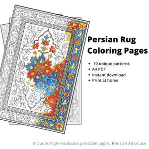 May include: A stack of Persian rug coloring pages. One page is colored with a central blue and red floral design, bordered by a yellow and blue pattern. The text reads "Persian Rug Coloring Pages" and lists features like "10 unique patterns" and "A4 PDF".