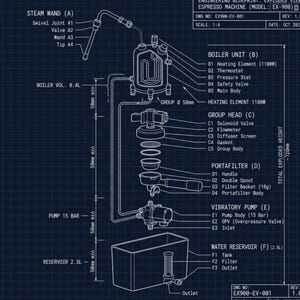 May include: Engineering blueprint of an exploded view espresso machine, model EX-908, with labeled components. Includes steam wand, boiler unit, group head, portafilter, vibratory pump, and water reservoir. Measurements are in millimeters and liters.