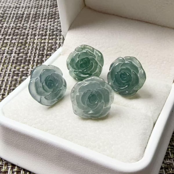 Natural Blue Water Jadeite Rose Stud Earrings,  Carved Jade Flower Earrings, 925 Sterling Silver Post, Green Blue Jade Earrings