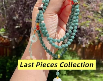 May include: A multi-strand beaded necklace featuring round green beads, accented with smaller yellow, red, and white beads, a white circular pendant, and a tassel. The image includes the text Last Pieces Collection.
