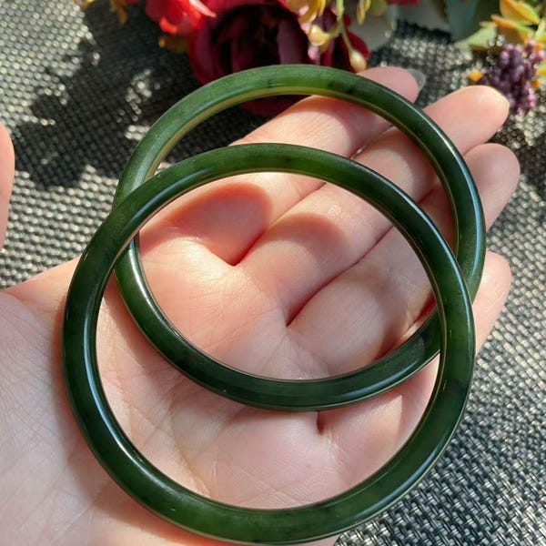 Bracelet jonc en jade néphrite naturel très fin certifié | Bracelet en jade vert foncé | Bracelet jonc empilable | Taille 59–60 mm | Jade certifié
