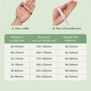 May include: A bangle size chart with illustrations demonstrating how to measure the wrist for bangles. The chart includes measurements in millimeters for max-width, max-circumference, and bangle size diameter. The text "Bangle Size Chart" is at the top.