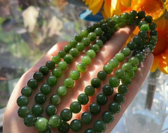 Natural Nephrite Jade Long Necklace | 36" Spinach Green Beaded Necklace | 8mm Round Jade Beads | Certified Real Jade Chain Necklace