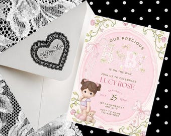 Precious Teddy Bear Bow Baby Shower | Editable Pink Vintage Theme (Digital Download)