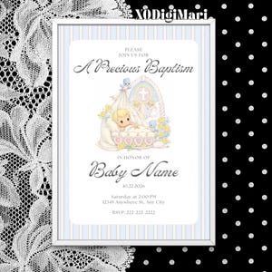 May include: Baptism invitation with a Precious Moments illustration. The invitation features a baby in a cradle, surrounded by flowers and angels. Text includes "A Precious Baptism" and details for the event.