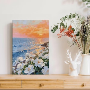 White Rose Sunset Painting, Coastal Floral Seascape Canvas, Textured Ocean Art