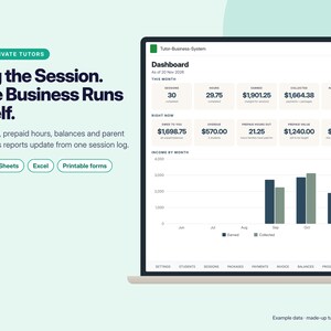 Tutor Business Spreadsheet: Session Log, Prepaid Hours, Invoices, Parent Progress Reports, Google Sheets + Excel