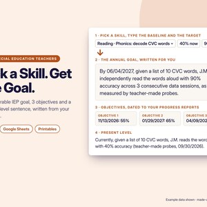 May include: A digital interface for special education teachers titled Pick a Skill. Get the Goal. It displays fields for selecting skills, setting baselines and targets, and generating IEP goals, objectives, and present levels in Excel, Google Sheets, or printables.