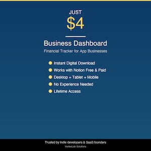 May include: A digital graphic with the text "JUST $4" above "Business Dashboard" and bullet points listing features. The background is a gradient of dark blue. The text includes "Instant Digital Download" and "Lifetime Access".