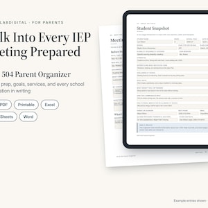 Könnte beinhalten: Eine digitale IEP- und 504-Elternorganisator-Vorlage mit einem Schüler-Snapshot-Formular auf einem Tablet-Bildschirm und einer Seite zur Besprechungsvorbereitung. Der Text umfasst Walk Into Every IEP Meeting Prepared, Fillable PDF, Printable, Excel, Google Sheets und Word.
