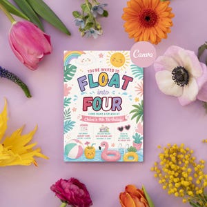 Float Into Four Birthday Invitation Template, Girls Pool Party Invite, Watercolor Summer Birthday Canva